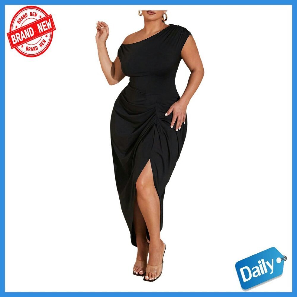 Plus Size Ruched Long Dress with Asymmetrical Neck & Slit Hem